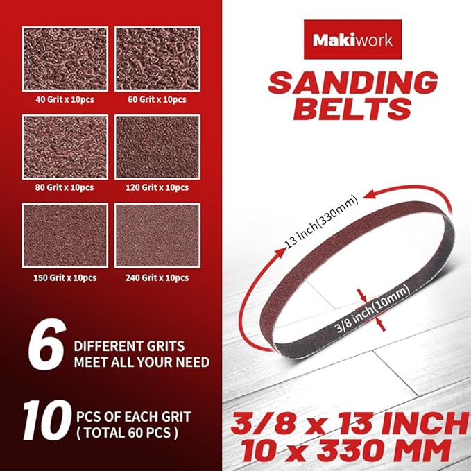 3/8 x 13 Inch 10 x 330 mm Sanding Belts Set - 60-Pack with 40/60/80/120/150/240 Grits, Aluminum Oxide Abrasive Belts for Woodworking