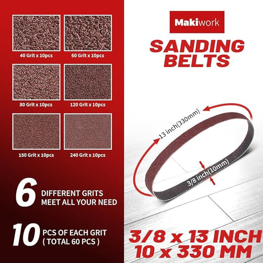 3/8 x 13 Inch 10 x 330 mm Sanding Belts Set - 60-Pack with 40/60/80/120/150/240 Grits, Aluminum Oxide Abrasive Belts for Woodworking