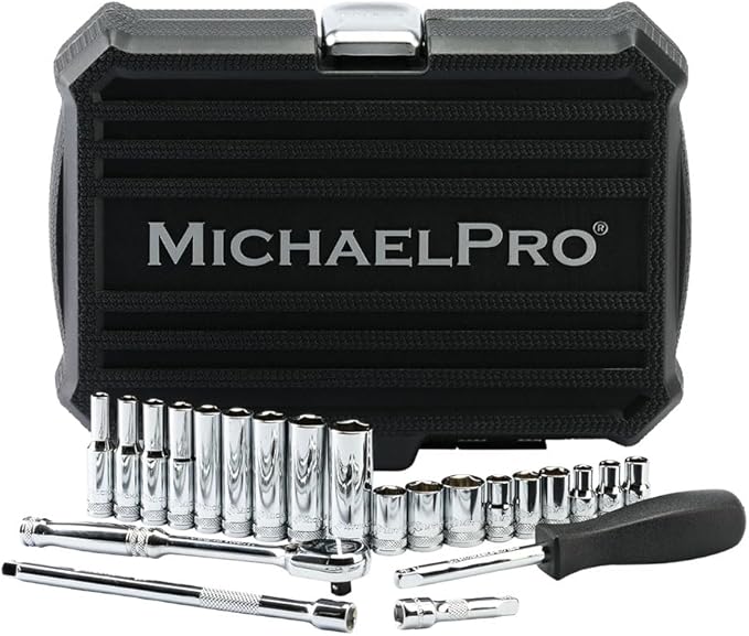 MichaelPro 22-Piece 1/4'' Drive Socket Set SAE 3/16'' - 1/2'', 90-Tooth Standard & Deep Sockets, CR-V Steel, 6-Point Design, with Spinner Handle, Extension Bar, Ratchet Handle | MP005058