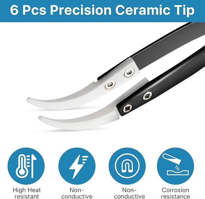 6 Pcs Precision Reverse Ceramic Tweezers Set, Non-Conductive Heat-resistant Electronics Soldering Tweezers Anti-Magnetic Pointed & Curved Tips Tweezers for Solder, Pinching Coils (Black)