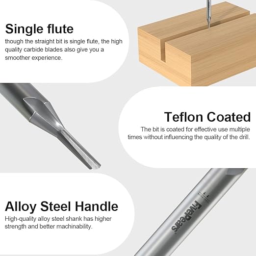 FivePears Straight Router Bits 1/4 Inch Shank Single Flute, 3/16 Inch Cutting Diameter, 1/2 Inch Cutting Length, Used for Create Groove, Dado or Hollow