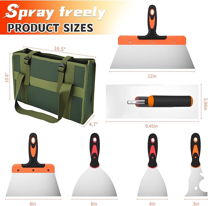 Drywall Knives Set, Paint Spatula with Bag and Plastic Handle, Rustproof Putty Spatula, Stainless Steel Putty Knife for Scraping Wallpaper and Drywall (7Pcs)