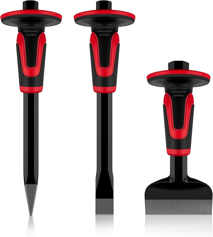C&T 3Pcs Heavy Duty Masonry Chisel Set with Hand Guard, Stone and Rock Chisel, Rock Chisel Set, Stone and Rock Tool for Breaking, Splitting and Cutting- Professional Masonry Tools