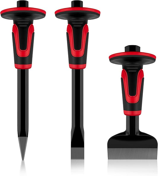 C&T 3Pcs Heavy Duty Masonry Chisel Set with Hand Guard, Stone and Rock Chisel, Rock Chisel Set, Stone and Rock Tool for Breaking, Splitting and Cutting- Professional Masonry Tools
