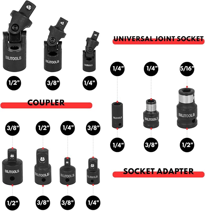 BILITOOLS 18-Piece Impact Socket Extension Set,includes 1/4" 3/8??& 1/2??Drive Extension Bar, Socket Adapter, Universal Joints, Cr-V Steel