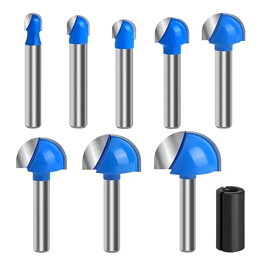 Core Box Router Bit Set, 8Pcs Solid Carbide 1/4 Inch Shank Woodworking Tool with 1/4" to 1" Round Nose Double Flute Bits, for Half Round Grooves and Cove Cutting for Woodworking Grooves and Coves