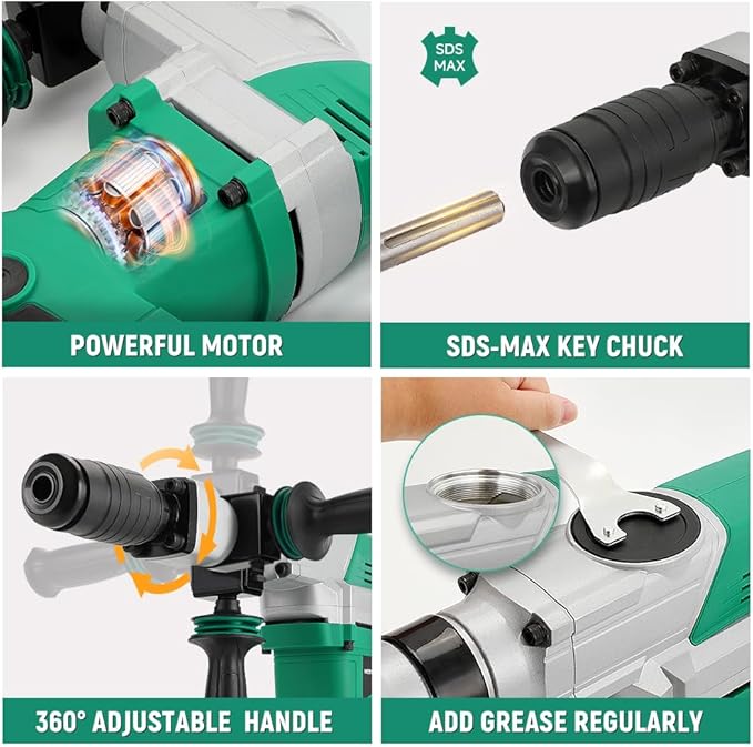 Hoteche Electric Demolition Jack Hammer 1500W Heavy-Duty SDS-MAX Concrete Breaker with Flat & Point Chisel