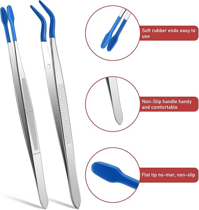 Rubber Tipped Tweezers, 2 Pcs PVC Coated Craft Tweezers Long Bent and Straight Flat Tip Precision Tweezer Set for Crafts Stamps Coin Beads Jewelry Industrial Electronic Lab (Blue)
