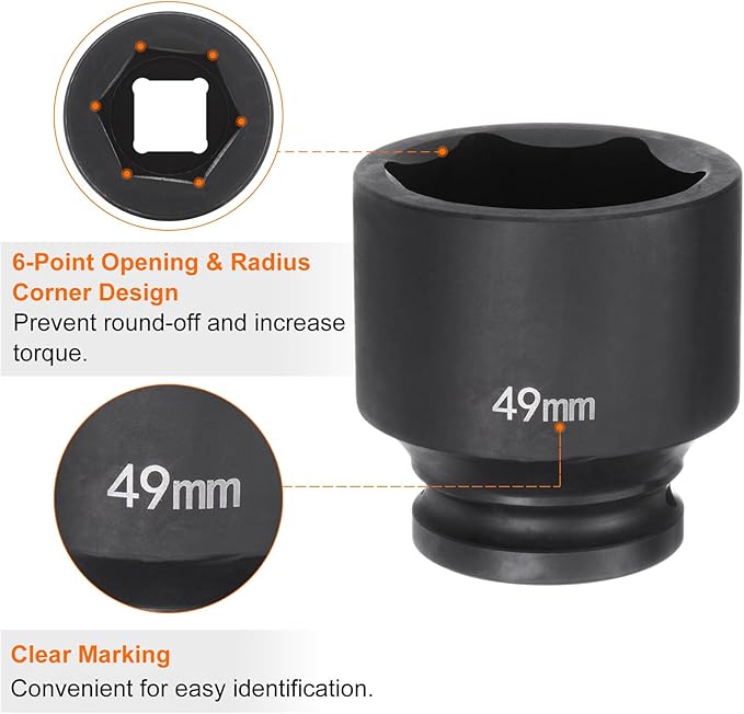 HARFINGTON 6-Point Impact Socket 3/4" Drive 49mm Metric 40Cr Alloy Steel Spindle Axle Nut Impact Socket