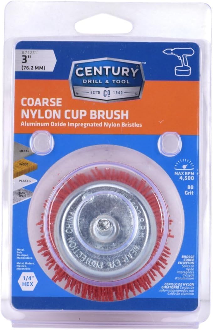 Century Drill & Tool 77231 3" Coarse Nylon End Brush, 80 Grit, 1/4" Quick Change Shank, 4,500 RPM - Nylon Bristles for Metal, Wood, Plastic, Masonry