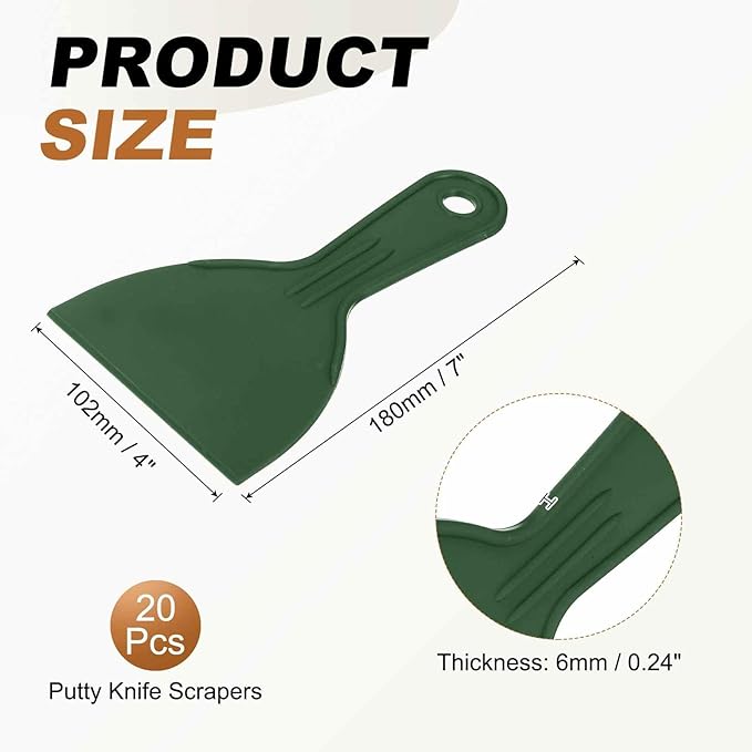 HARFINGTON 20pcs Putty Knife Scraper 4" Width Flexible Plastic Putty Knife Paint Scraper Tool for Taping Drywall Spreading Painting Wall Scratching Dark Green