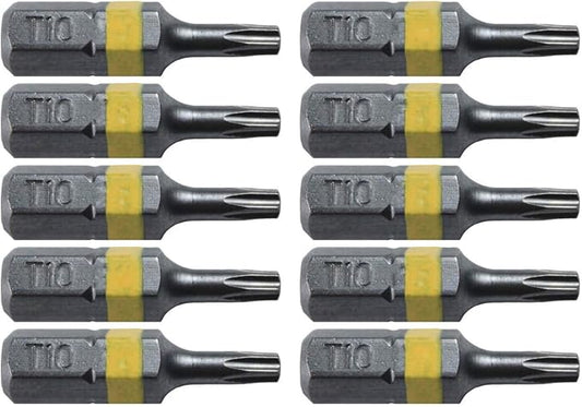 T10 Torx/Star Driver Bit - Color Coded 1" Torx/Star Drive Bit for Screws and Fasteners (10 PACK)