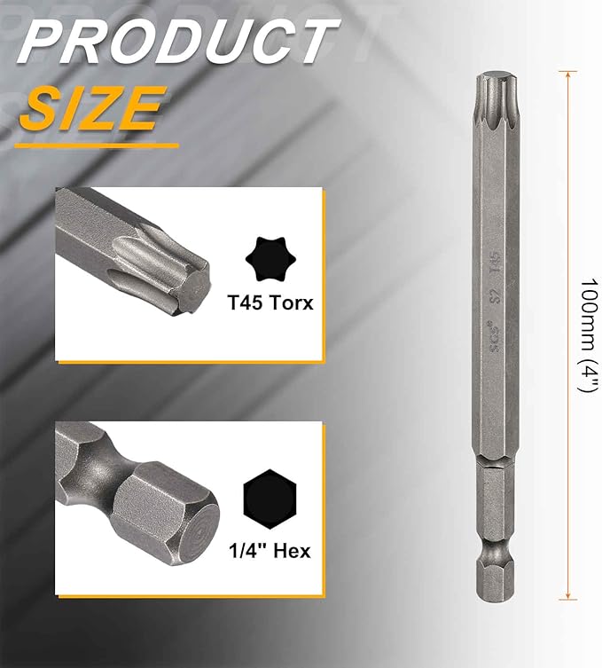 HARFINGTON 2pcs T45 Torx Head Screwdriver Bit 1/4" Hex Shank 4" (100mm) Long Magnetic No Hole Tip Tamper Proof 6 Point Star Screw Driver Drill Bits S2 Steel Industrial Power Screwdrivers