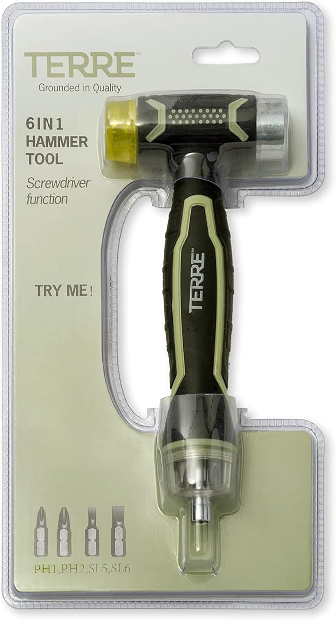Terre Products, 6 in 1 Double Faced Hammer Tool, Small Rubber Mallet Hammer, Built-In Multi Bit Screwdriver, Ergonomic Non-Slip TPR Handle, Perfect for Crafts, Jewelry, Wood, Auto, and Flooring