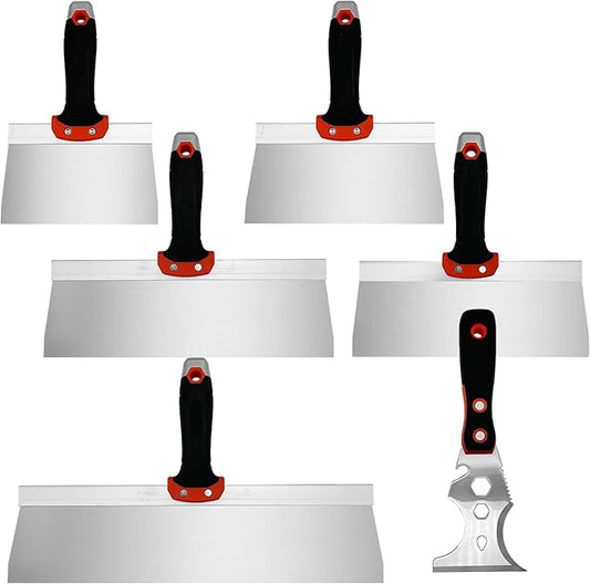 Drywall Taping Knife Set, 6 Pcs Stainless Steel Taping Knives Includes 6??8??10??12??14?? 3??Multifunctional Paint Scraper, Perfect Hand Tools for Drywall Joint Taping, Finishing and Patching