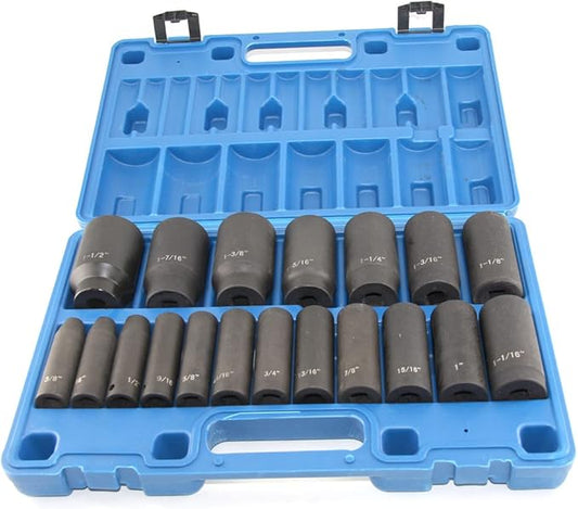 MacWork 19 Piece 1/2-Inch Drive Impact Socket Set, Deep, SAE, 3/8" to 1-1/2", CR-V&Cr-Mo Alloy Steel, 6-point Hex Radius Corner Design