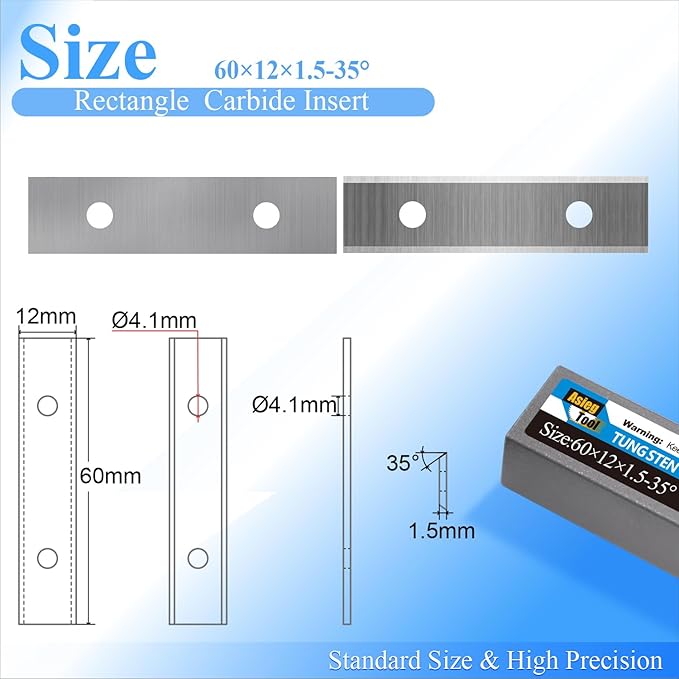 Asieg Tool 60x 12 x 1.5mm 2-3/8 inch Carbide Inserts Cutter Blades Paint Scraper 2 Edges for Woodworking Surfacing Groove Helical Planer Cutter Heads and Hand Hold Scraper 10pcs