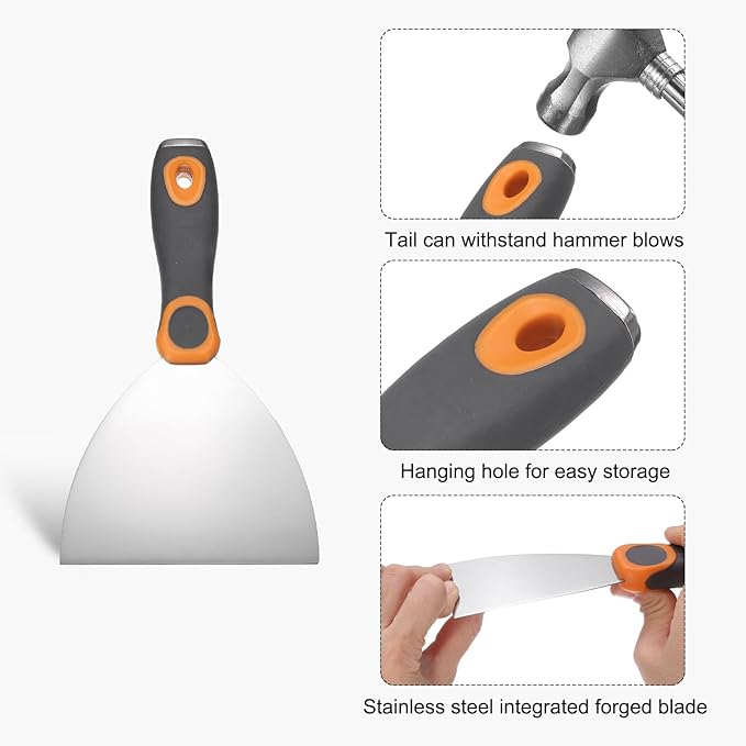 uxcell Putty Knife 5" Stainless Steel Paint Scraper Flexible Drywall Repair Mud Knife for Removing Cement Wallpaper Mud Adhesive Taping with Metal Hammer End