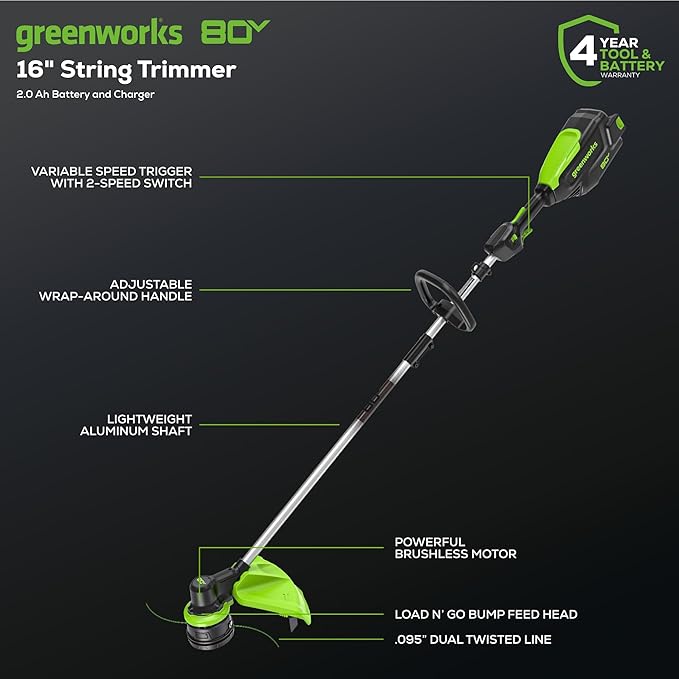 Greenworks 80V 16" Brushless Cordless String Trimmer and 700 CFM Leaf Blower Combo Kit, 2.5Ah Battery and Charger Included