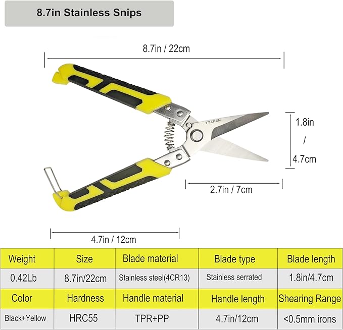 Aviation Tin Snips 8.7 Inch, Heavy Duty Straight Metal Cutter with Stainless Steel Blade & Comfortable Grips for Cutting Cardboard, Thin Iron, Wire, DIY Projects
