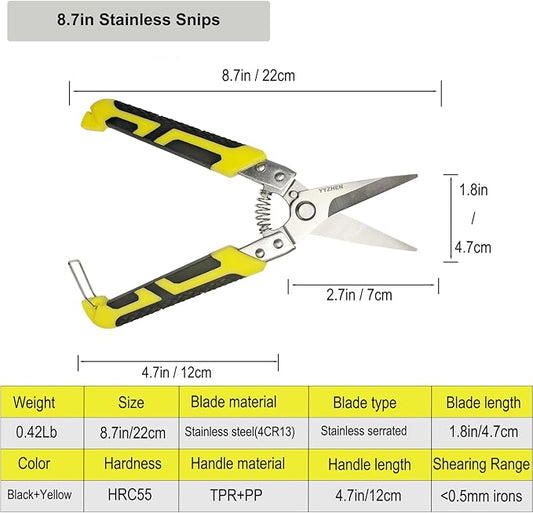 Aviation Tin Snips 8.7 Inch, Heavy Duty Straight Metal Cutter with Stainless Steel Blade & Comfortable Grips for Cutting Cardboard, Thin Iron, Wire, DIY Projects