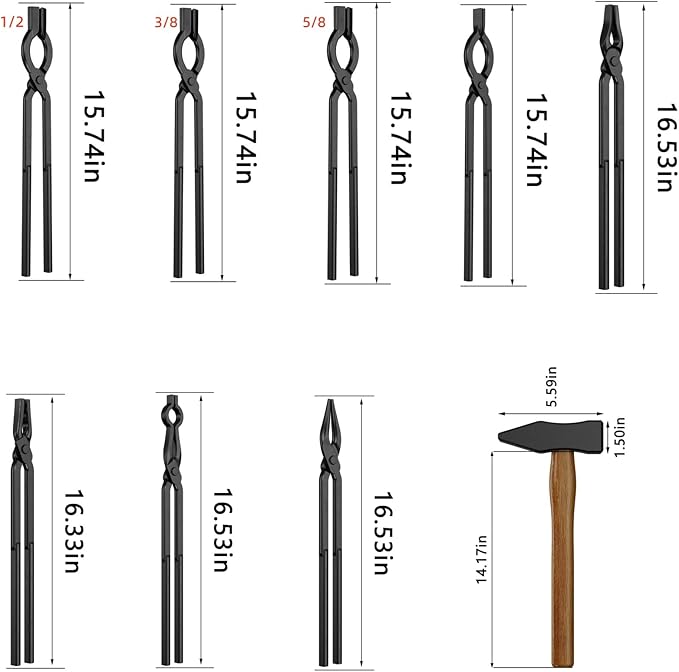 Blacksmith Tongs Set,9PCS Blacksmith Forge Kit for Beginner and Seasoned Blacksmiths, Craftsmen and Bladesmiths