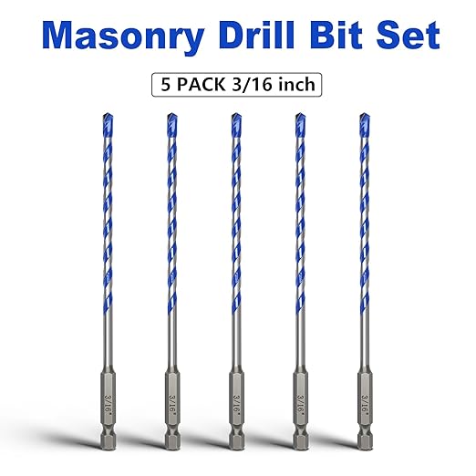 5 Pack 3/16 inch Concrete Drill Bit Set,Masonry Drill Bit Set with Hex Shank,Carbide Tip Drill Bits for Concrete, Tile,Brick, Plastic, Cement (3/16"竊? Pcs竊?