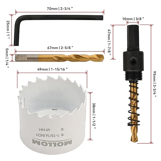 Mollom (49mm | 1-15/16") HSS M42 with 8% Cobalt BI-Metal Hole Saw with 2 Pilot Drill Bits & Arbor Smooth Cutting for PVC,Drywall,Wood,Plastic,Gypsum Board,Rubber