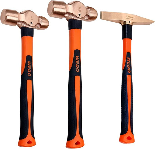 WEDO 3PCS Copper Hammer Set with Fiberglass Handle,1lb Ball Pein Hammer,2lb Ball Pein Hammer,300g Scaling Hammer,Die-Forge,Corrosion Resistant