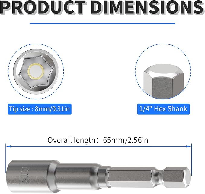 FOCKEAMS 5Pcs 8mm/0.31in Magnetic Nut Setter Driver Drill Bit,Quick-Change,Impact Nut Driver Kit for Electric Drill,1/4" Hex Shank Drill Socket,65 mm Length Cr-V Adapter Drill Bits,Metric&SAE