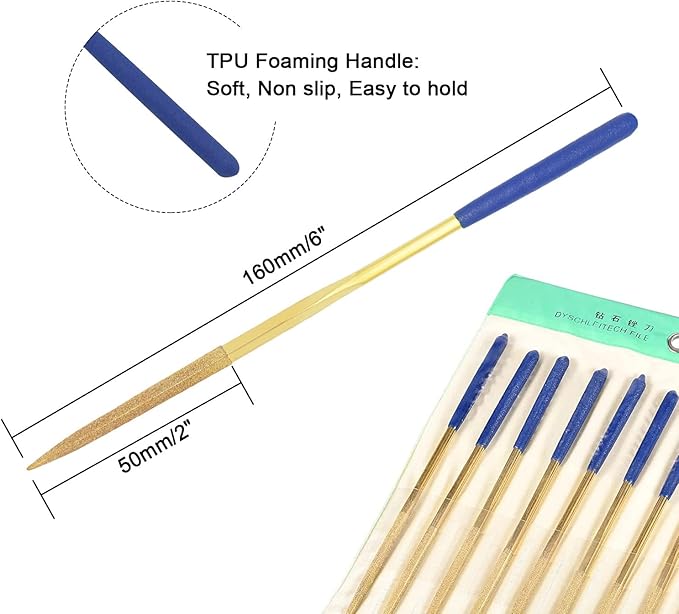 10 PCS Diamond Needle File (4mm x 160mm,150 Grit) Titanium Coated Mini Metal Files Square Files for Precision Metal File Work Miniature DIY Jewelers/Glass/Ceramic