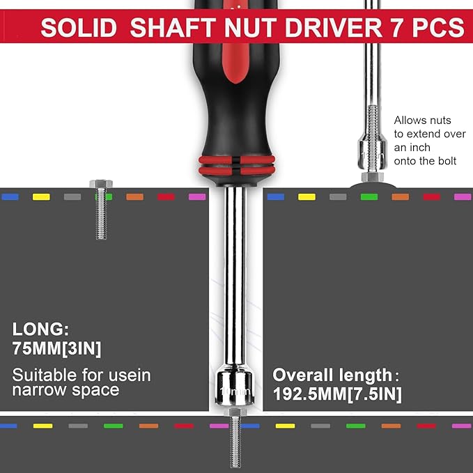 P.I.T. 7PC Metric Nut Driver Set,Solid Shaft Nut Drivers (5, 6, 7, 8, 9, 10,11 mm) For Tightening and Loosening Fasteners with Color Coded Nonslip Comfort TPR Hand Grips, Hex Deep Nut Driver Set