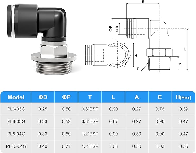 TAILONZ PNEUMATIC Male Elbow 10mm Tube OD x 1/2 Inch BSP 90 Push to Connect Fittings PL10-04 (Pack of 10)