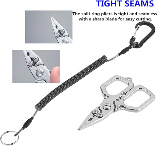 dophee Fishing Pliers Saltwater with Split Ring, Stainless Steel Mini Multifunctional Fish Hook Remover PE Line Cutter Scissors Tool Fishing Gear Accessories