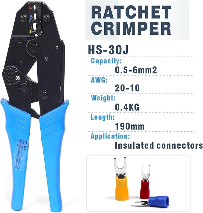 Ratchet Wire Crimping Tool kit Wire Crimper Set with 5pcs Interchangeable Jaws,Wire Stripper&Cutter for Insulated and Non-Insulated Terminals, Ferrules, Heat Shrink,Open Barrel Terminals 0.5-35mm 짼