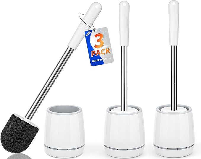 Toilet Brush, Toilet Brush and Holder with 304 Stainless Steel Handle, Space Saving Toilet Bowl Brush for Storage, Durable Bristles Toilet Scrubber for Bathroom Cleaning (3, White)