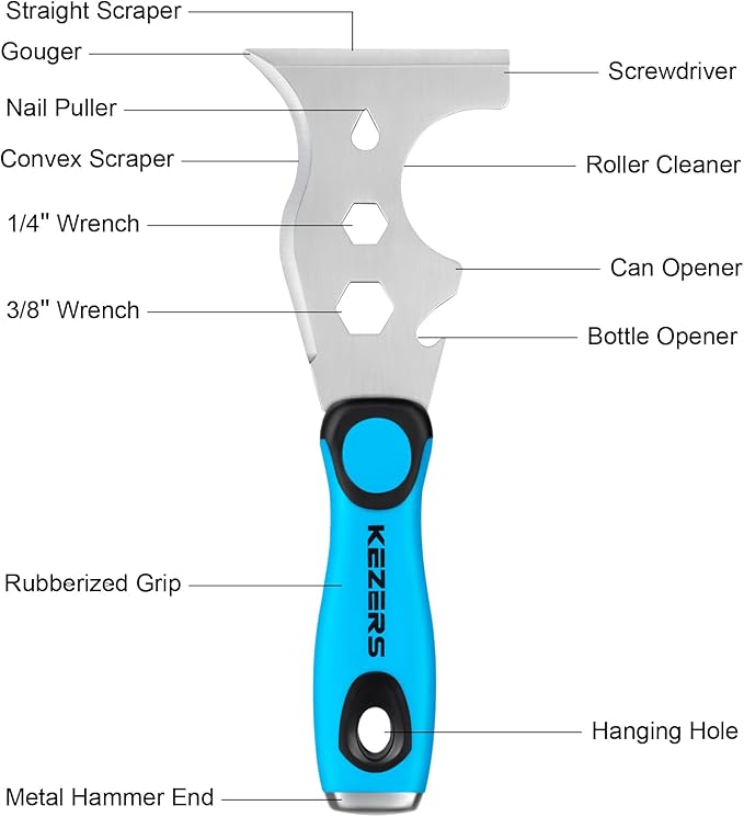 KEZERS Drywall Hand Tool Kit, 7 Pieces 3" 4" 5" 6" 8" 12" Stainless Steel Drywall Knife with Metal Hammer End, includes Putty Knife, Taping Knife, and 12" Mud Pan with Ergonomic Grip for Drywall Work