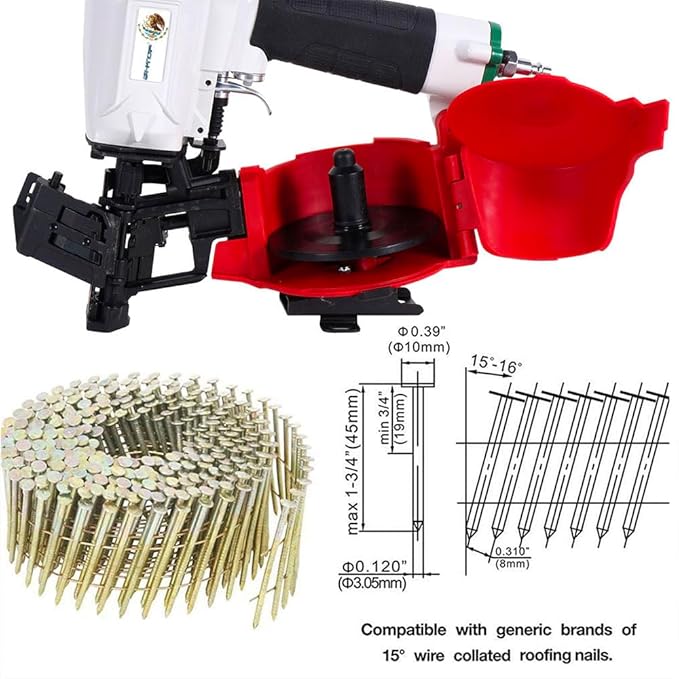 BHTOP CN45N Roofing Nailer, 15 Degree Roofing Nail Gun, 3/4-Inch to 1-3/4-Inch Coil Nails, 120-pcs Load Capacity Coil Nailer (Mexican style)