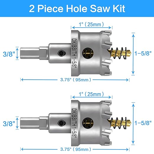 TCT Hole Saw Set, 2-Pack of 1-5/8" (40mm) Heavy Duty Tungsten Carbide Tipped Hole Cutters for Stainless Steel Mild Steel Copper Iron Brass Plastic and More, with Titanium-Plated Pilot Drill Bits