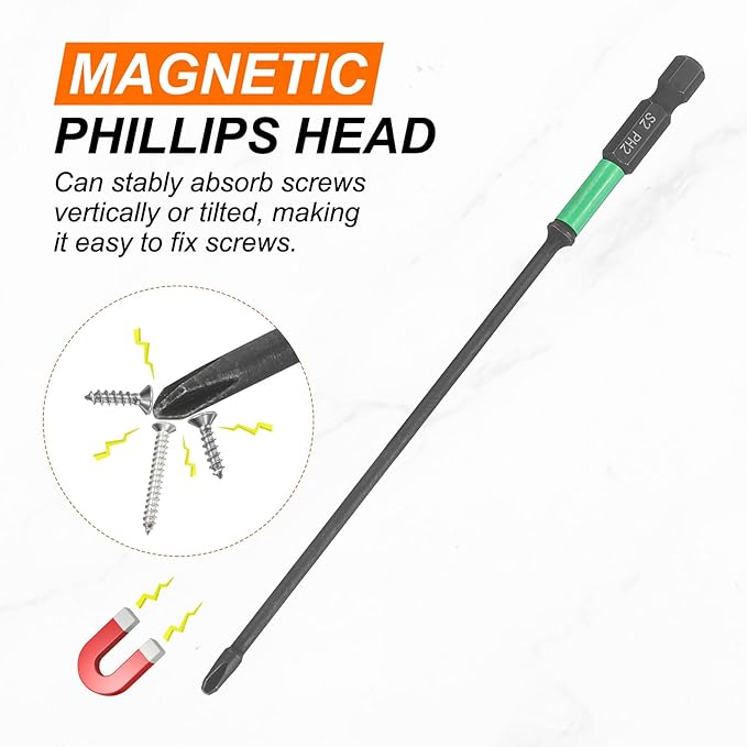 HARFINGTON #2 Impact Phillips Screwdriver Bit PH2 1/4" Hex Shank 6" (150mm) Length 0.12" Rod Magnetic Cross Head Drill Bits S2 Steel Industrial Screw Drivers for Impact Power Tools