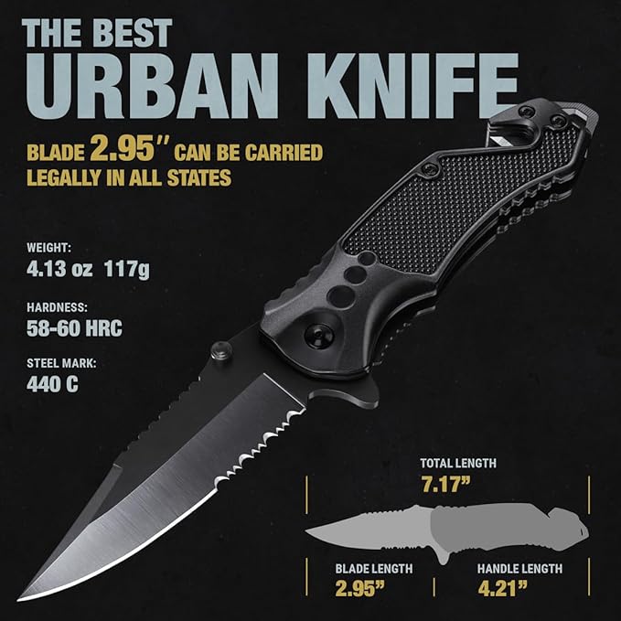 GOOD WORKER Legal Pocket Knife with 2.95??Serrated Blade, Glass Breaker, Seat Belt Cutter - EDC Sharp Folding Knives with Portable Clip - Small Tool for Tactical Camping Survival Hiking - Gifts for Men, Women