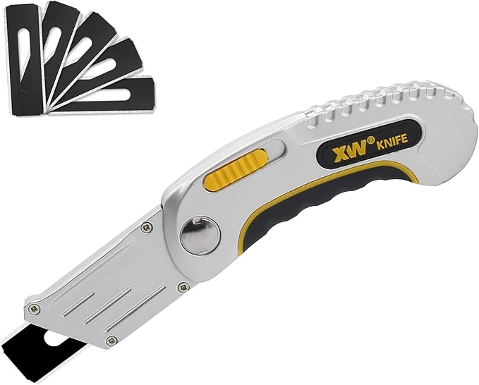 XW Folding Carpet Knife, Razor Blade Heavy Duty Utility Knife with Protective Cap, Extra 5 Blades Included