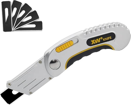 XW Folding Carpet Knife, Razor Blade Heavy Duty Utility Knife with Protective Cap, Extra 5 Blades Included