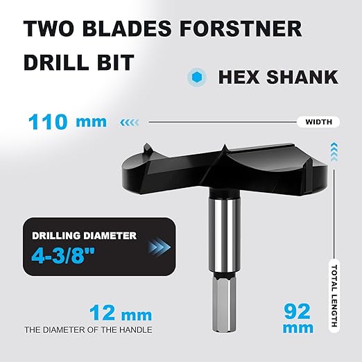 4-3/8 Inch Forstner Drill Bit Carbide Tipped,Woodworking Hinge Cutter for Precise Flat Bottom Holes in Hard Wood,Plywood,Plastic - Professional Grade