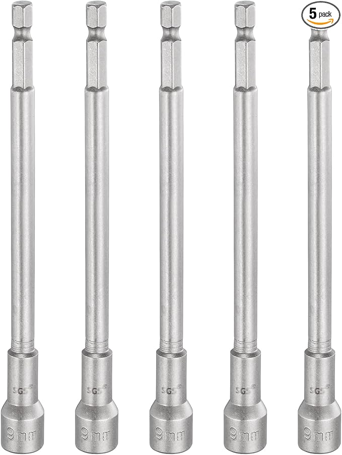 HARFINGTON 5pcs Nut Driver Drill Bit 9mm Metric Socket 1/4" Hex Shank 5.91" (150mm) Long Magnetic 6-Point Sockets Quick Change CR-V Steel Bolt Setters for Power Drill Drivers