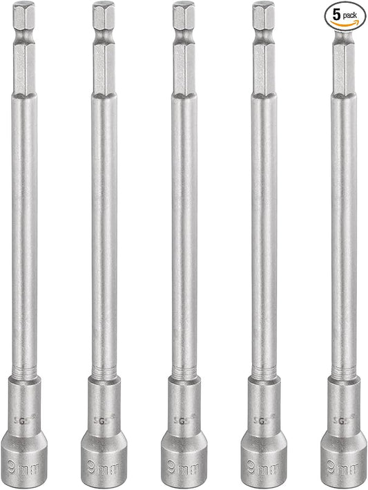 HARFINGTON 5pcs Nut Driver Drill Bit 9mm Metric Socket 1/4" Hex Shank 5.91" (150mm) Long Magnetic 6-Point Sockets Quick Change CR-V Steel Bolt Setters for Power Drill Drivers