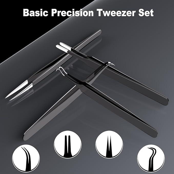 G.CATACC 4-Pack Precision Tweezers Set, Curved and Pointed Tweezer Kit for Craft, Eyelash Extension, Blackheads, Facial Hair, Ingrown Hair Removal, Electronics, Soldering, Jewelry - with Case