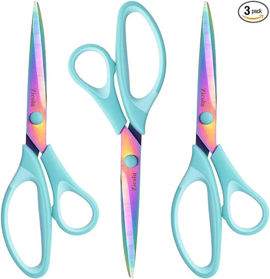 8.5" Scissors All Purpose, Multipurpose Office Scissors Set of 3 Pack, Titanium Coating Sharp Blade, Soft Comfort-Grip, Ideal for Fabric, School, Home, Craft & Sewing, Right/Left Handed, Blue