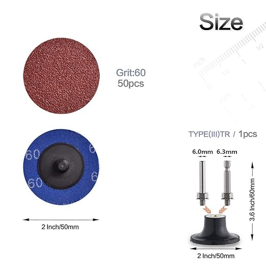 NYXCL Miroku 50Pcs P60 2 inch Quick Change Discs Set, A/O Sanding Discs with 1/4" Holder, for Die Grinder Surface Prep Strip Grind Polish Finish Burr Rust Paint Removal