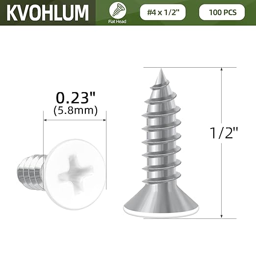 100 PCS #4 x 1/2" White Head Sheet Metal Screws, Flat Head Phillips Fast Self Tapping Screws, Countersunk Head Wood Screws, Screwdriver Bit Included